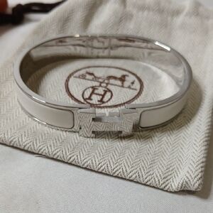 Hermes White and Silver Enamel 'H' Cuff Bracelet